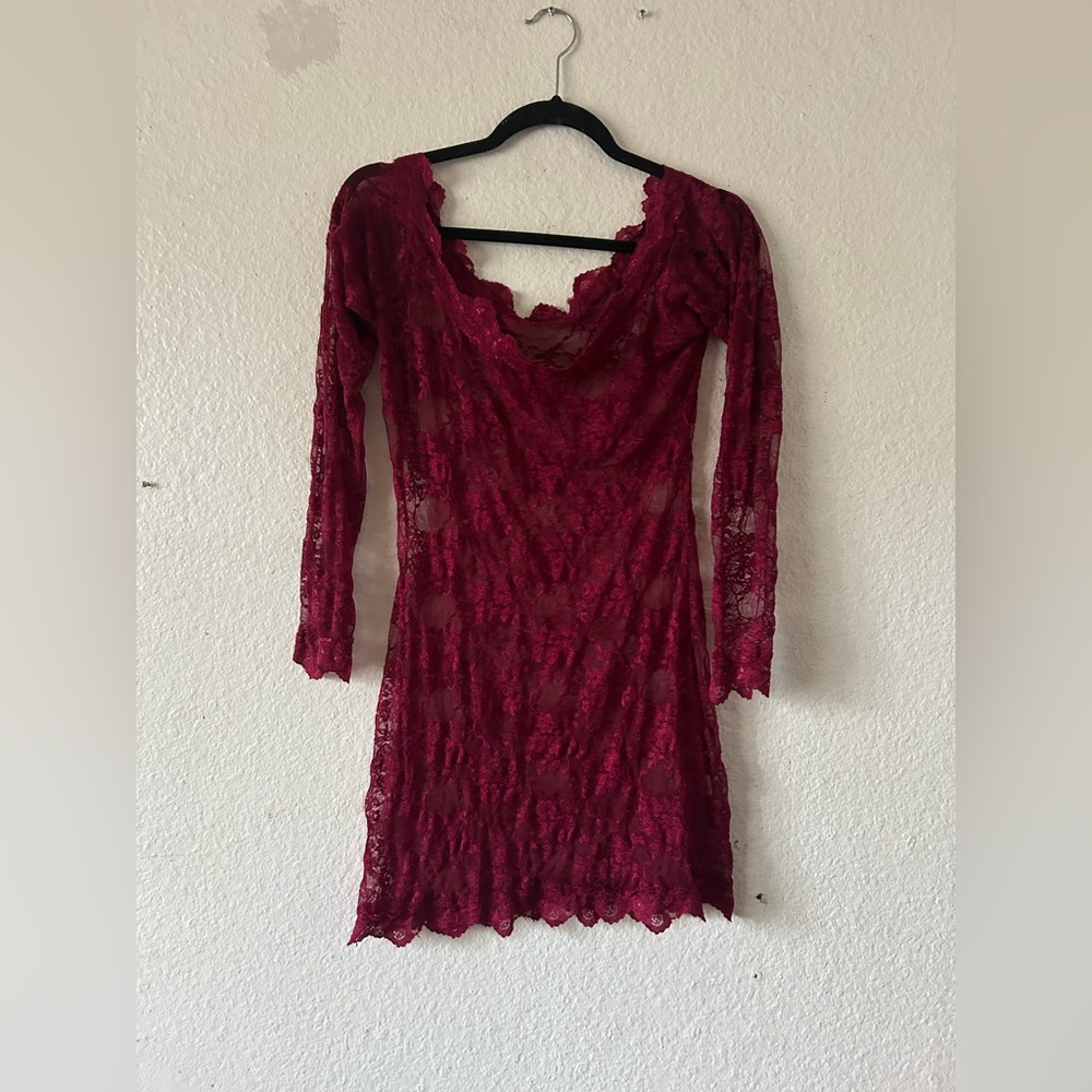 Burgundy Lace FloralMini Dress Overlay Long Sleeves Sheer XL Whimsigoth Romantic